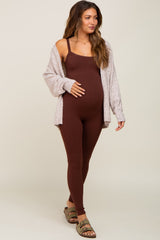 Brown Ribbed Sleeveless Maternity Jumpsuit