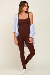 Brown Ribbed Sleeveless Maternity Jumpsuit