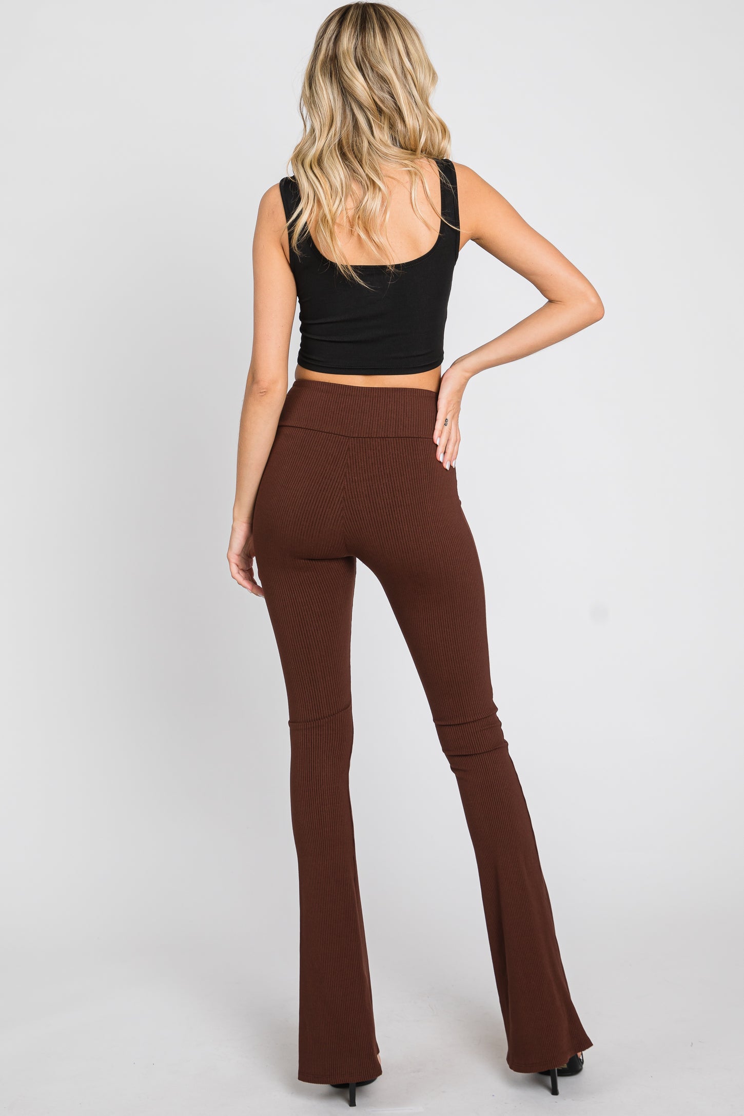 Brown Rib Knit Flare Leggings