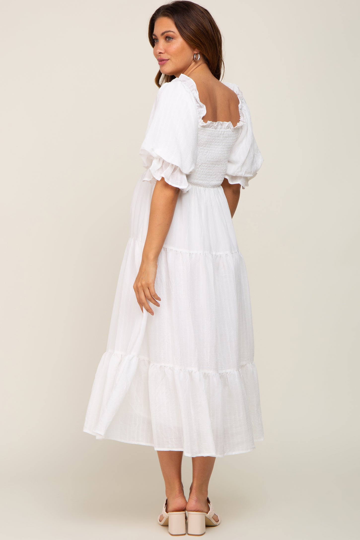 White Smocked Puff Sleeve Maternity Midi Dress