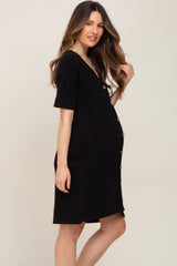 Black Button Accent Short Sleeve Maternity Dress
