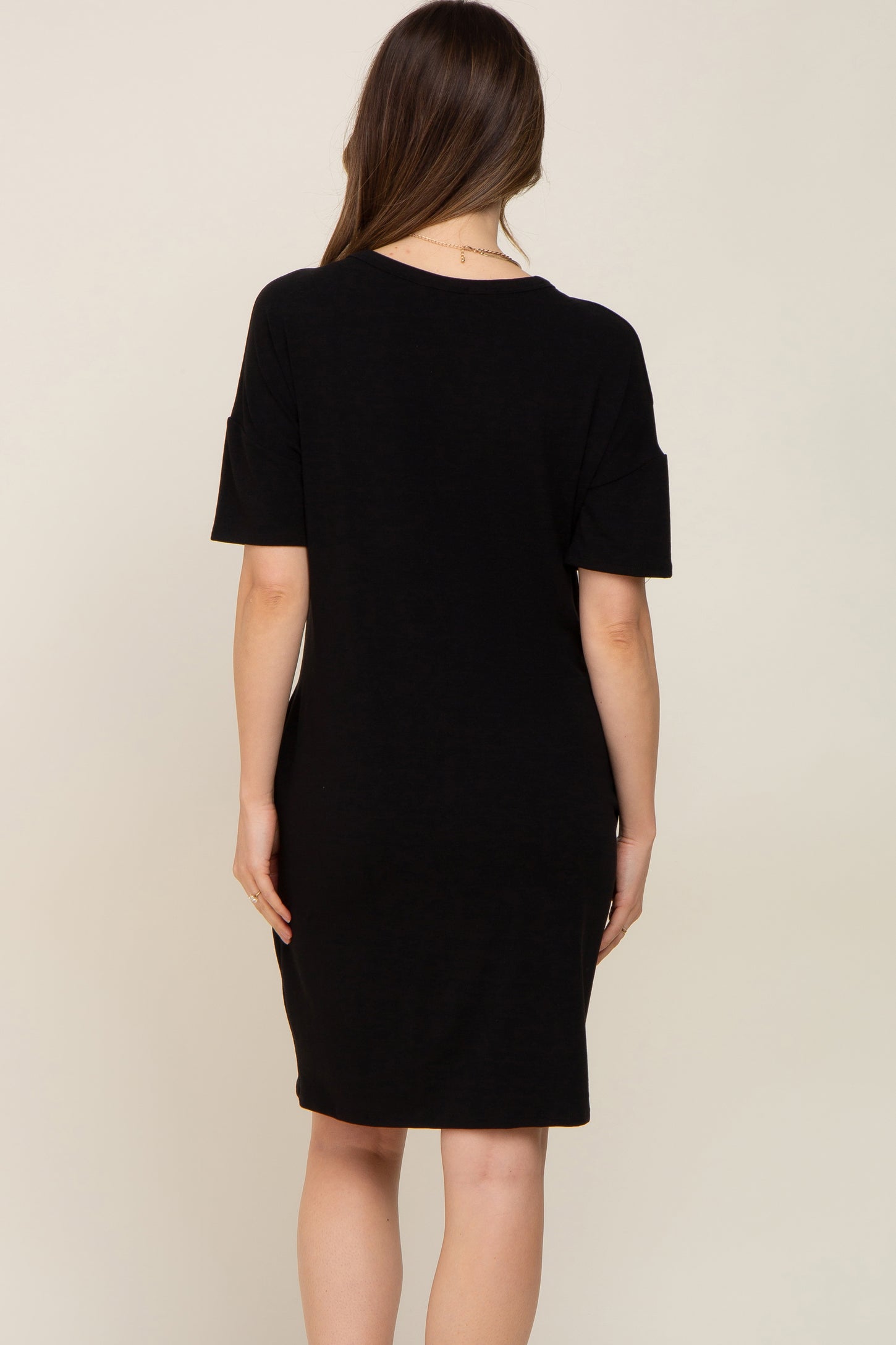 Black Button Accent Short Sleeve Maternity Dress