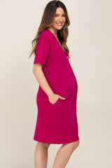 Magenta Button Accent Short Sleeve Maternity Dress