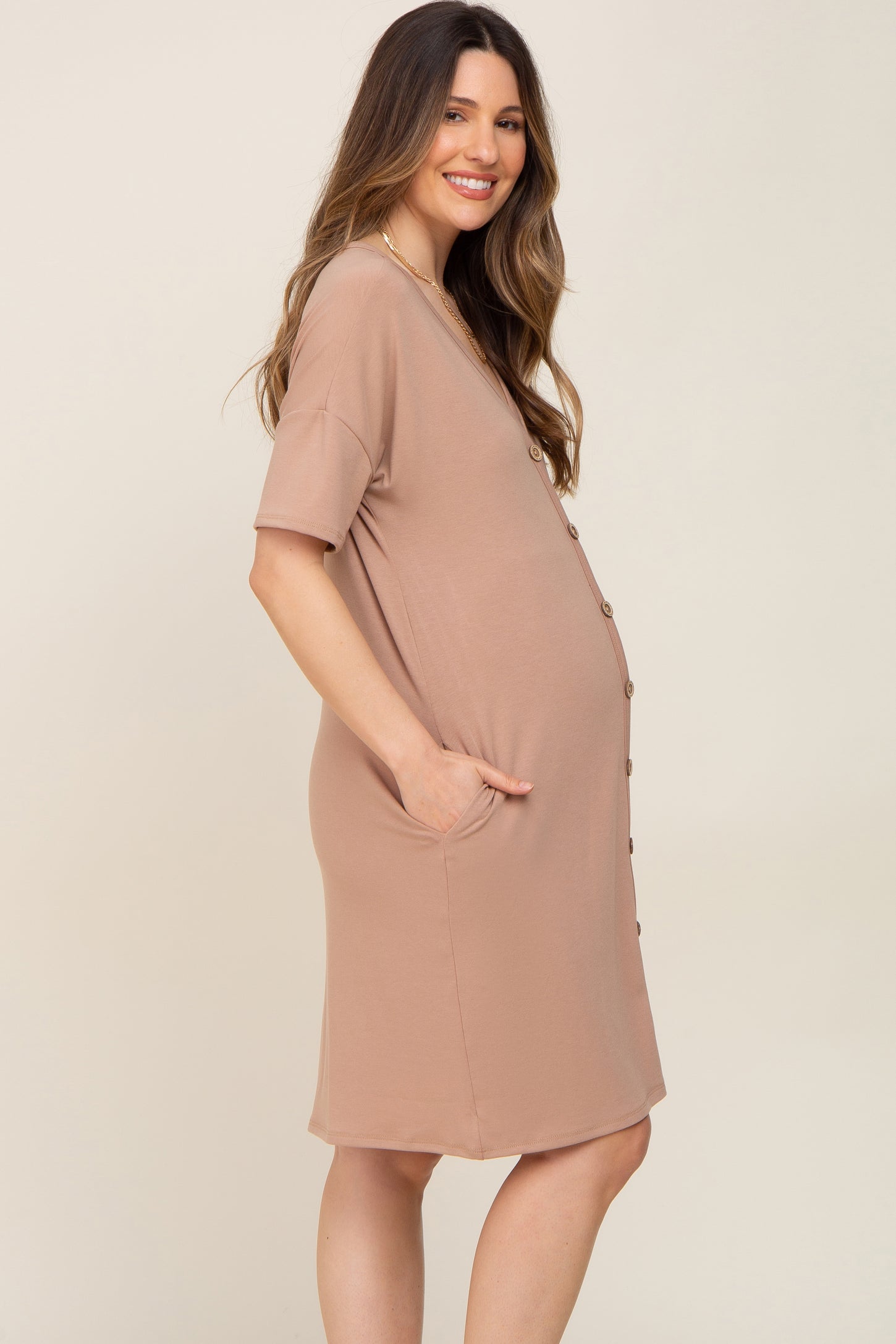 Taupe Button Accent Short Sleeve Maternity Dress