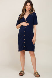 Navy Button Accent Short Sleeve Maternity Dress