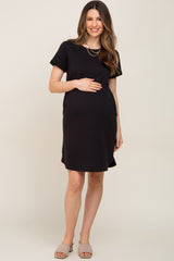Black French Terry Cuffed Short Sleeve Maternity Dress