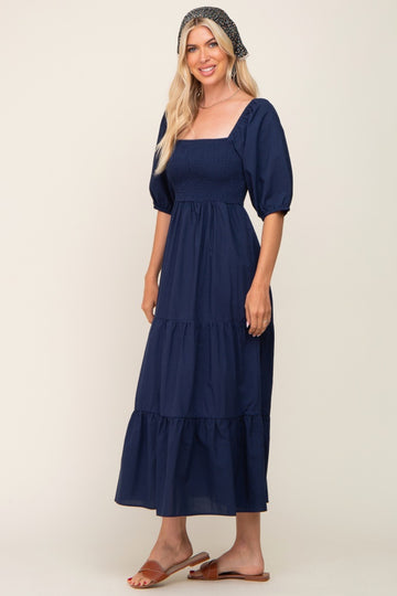 Navy Blue Square Neck Smocked Tiered Maxi Dress