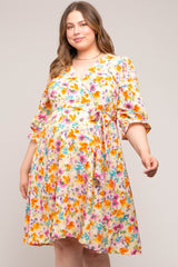 Yellow Floral 3/4 Sleeve Wrap Maternity Plus Dress