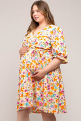 Yellow Floral 3/4 Sleeve Wrap Maternity Plus Dress