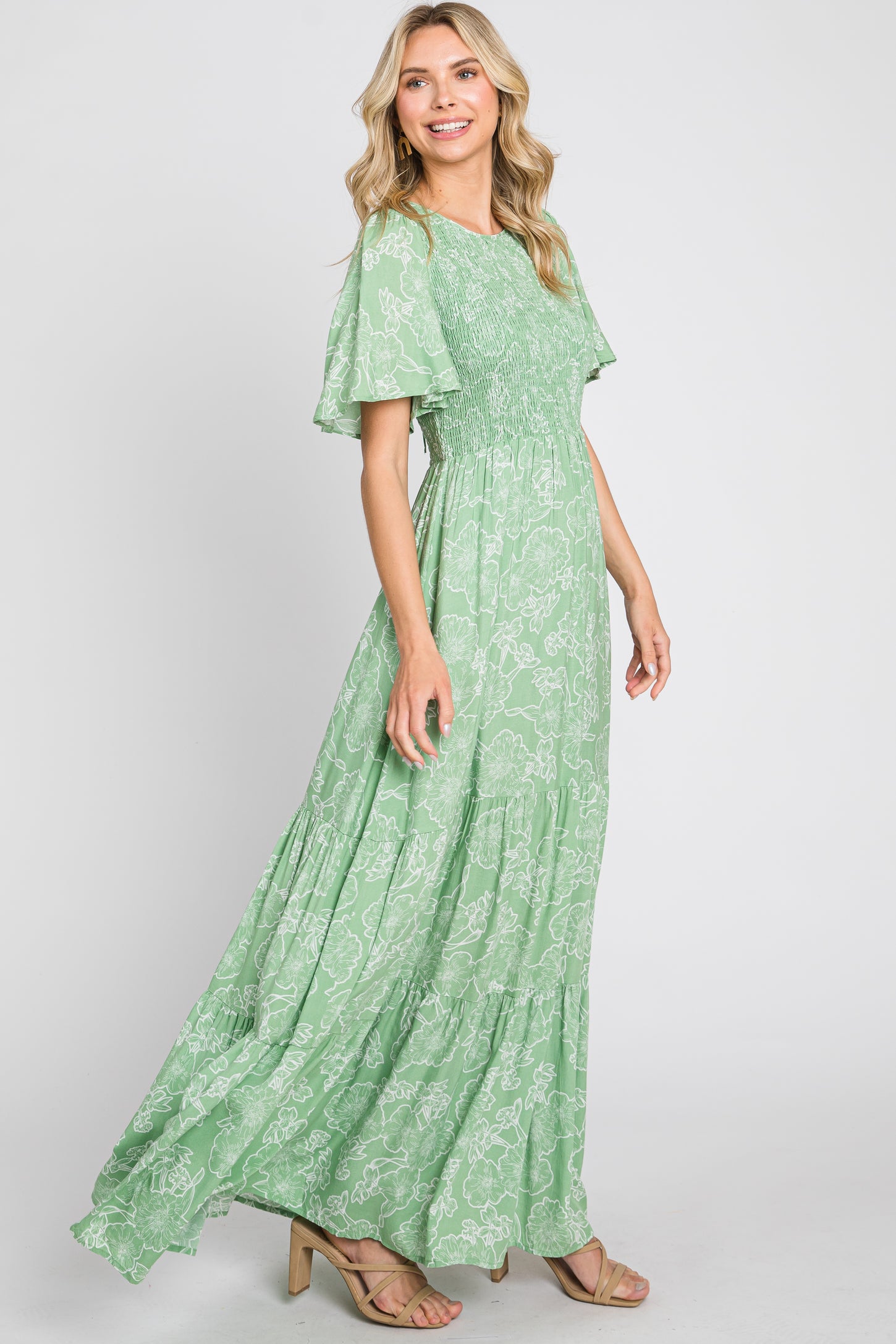 Light Green Floral Flounce Sleeve Maxi Dress Light Green Floral Flounce Sleeve Maxi Dress