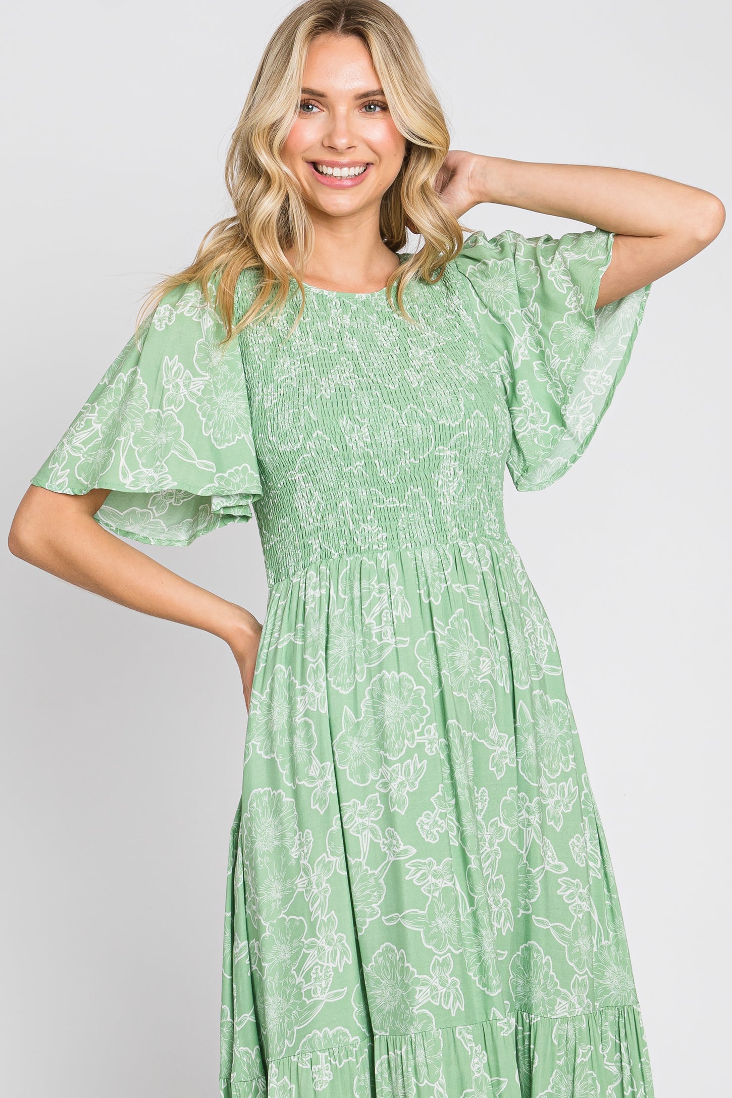Light Green Floral Flounce Sleeve Maxi Dress Light Green Floral Flounce Sleeve Maxi Dress