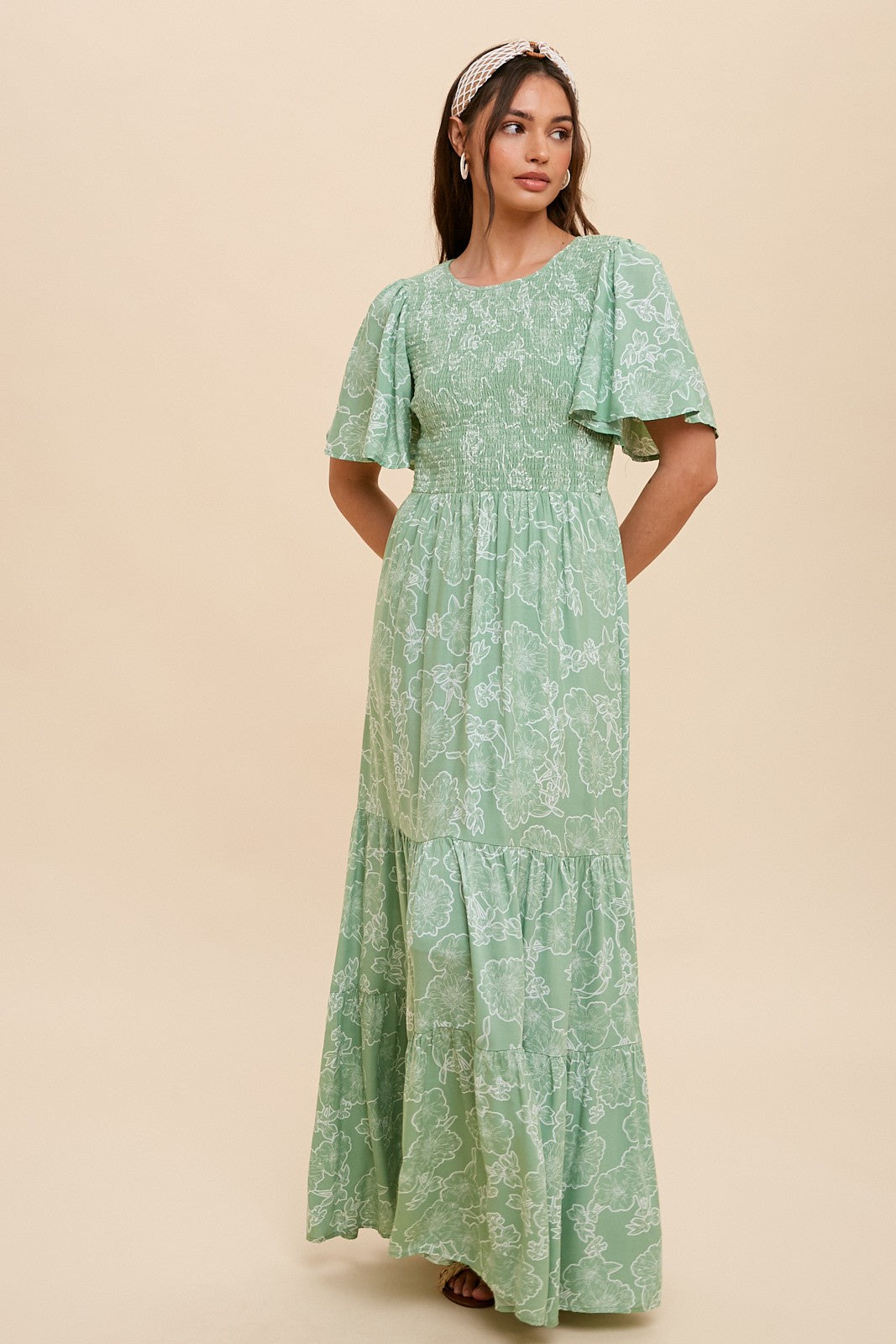 Light Green Floral Flounce Sleeve Maxi Dress Light Green Floral Flounce Sleeve Maxi Dress