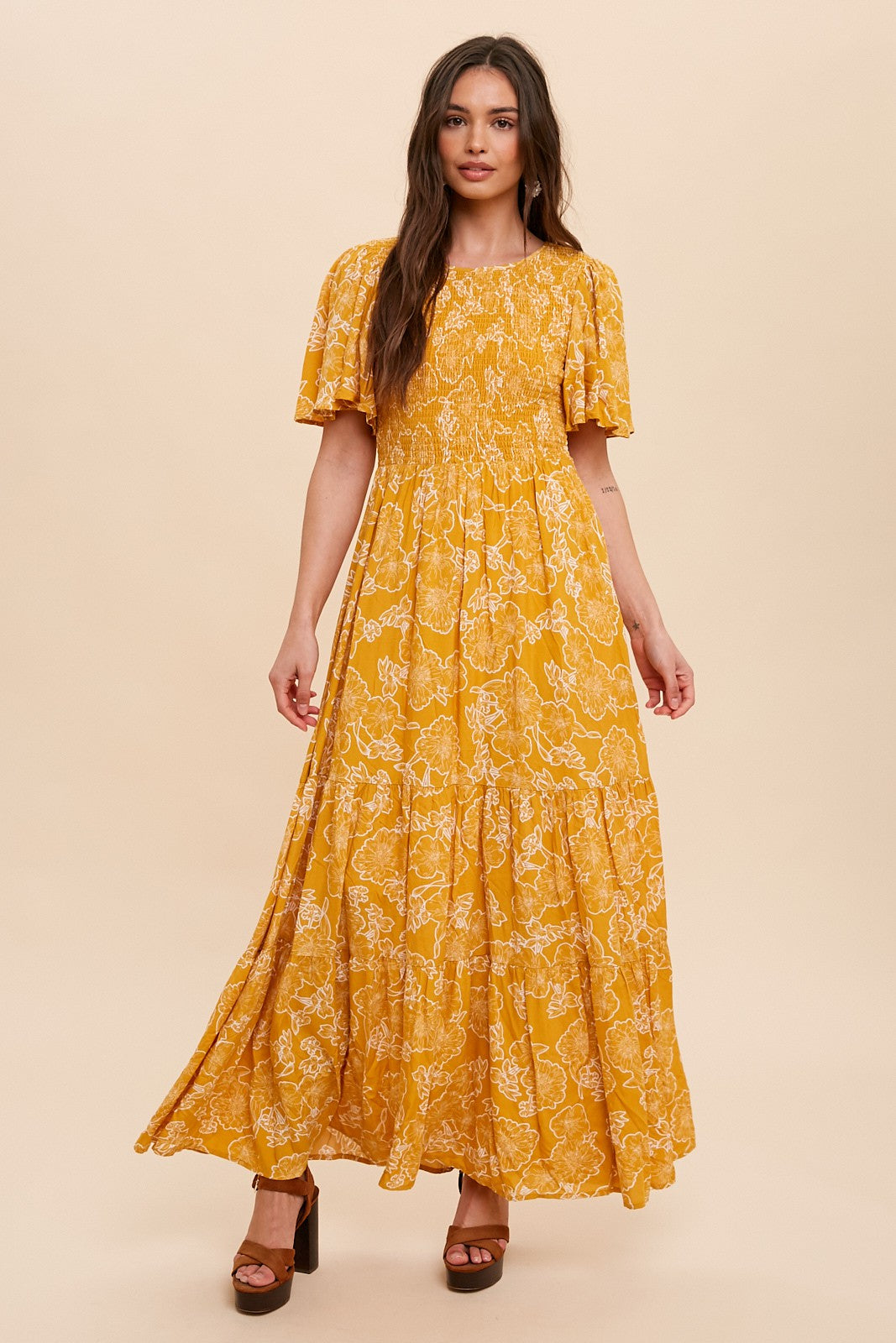 Yellow Floral Flounce Sleeve Maternity Maxi Dress