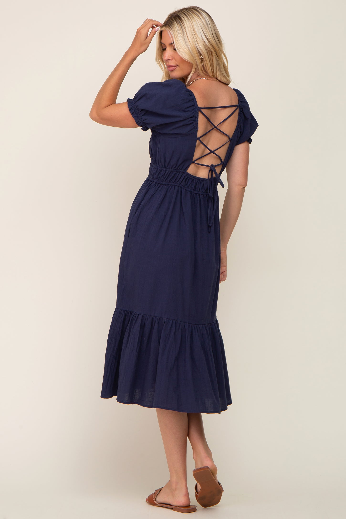 Navy Puff Sleeve Ruffle Hem Midi Dress