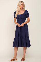 Navy Puff Sleeve Ruffle Hem Midi Dress