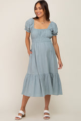 Mint Puff Sleeve Ruffle Hem Maternity Midi Dress