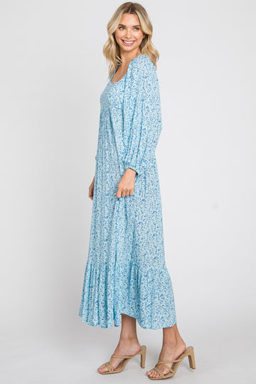 Blue Floral Square Neck 3/4 Sleeve Midi Dress
