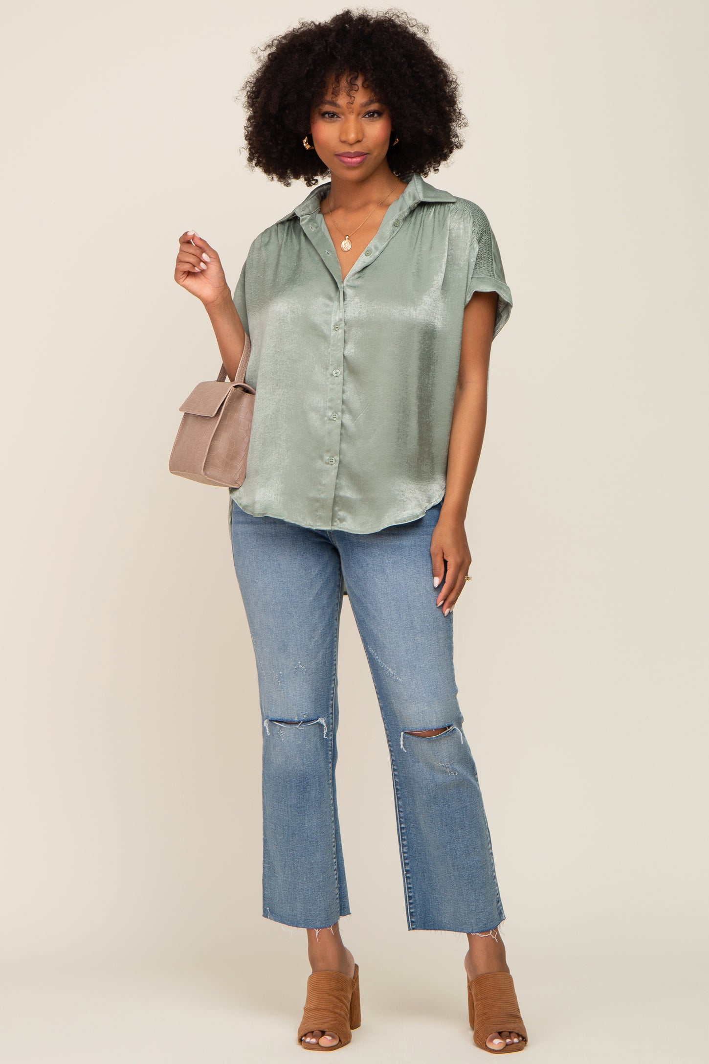 Olive Satin Button Down Smocked Accent Top