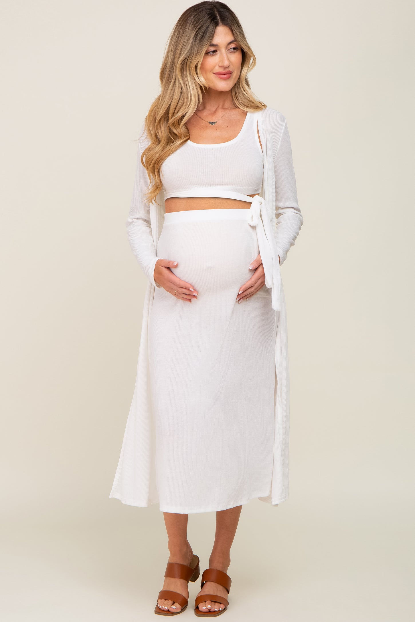 White Skirt And Cardigan 3-Piece Maternity Set
