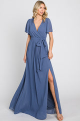 Navy Blue Chiffon Short Sleeve Wrap V-Neck Front Slit Maxi Dress