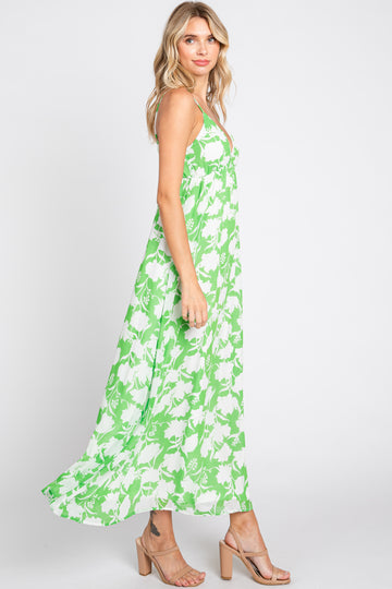 Green Floral Chiffon Deep V-Neck Sleeveless Maxi Dress