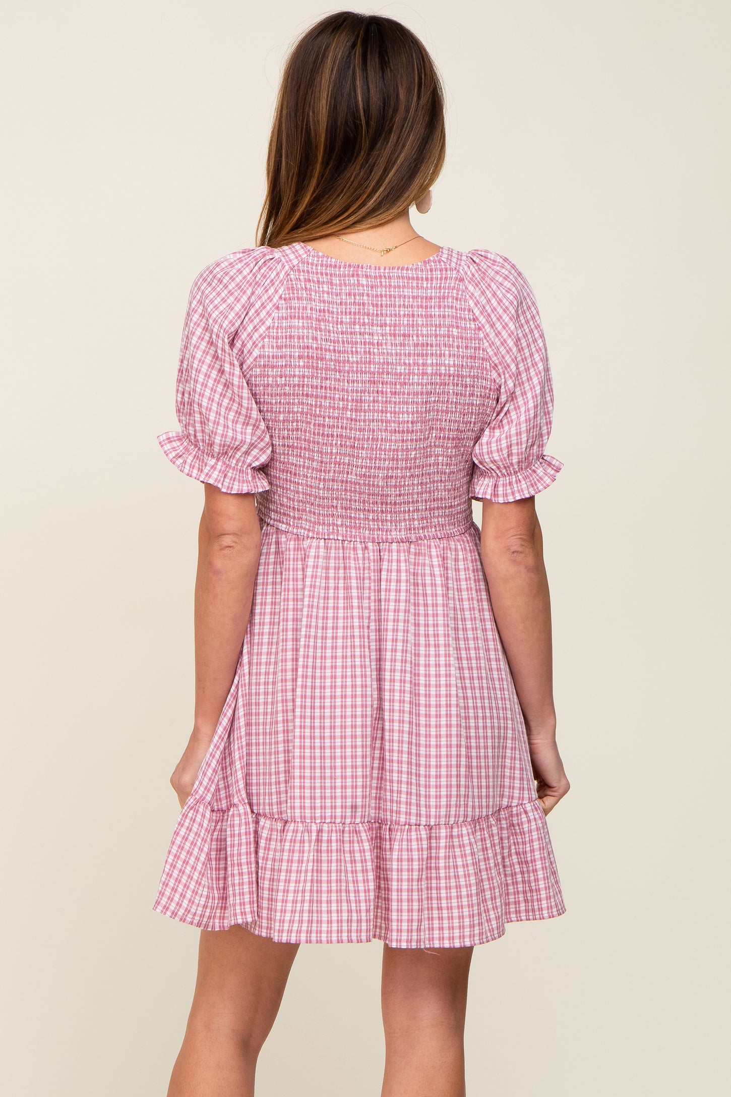 Mauve Plaid Smocked Puff Short Sleeve Dress