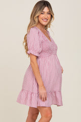 Mauve Plaid Smocked Puff Short Sleeve Maternity Dress
