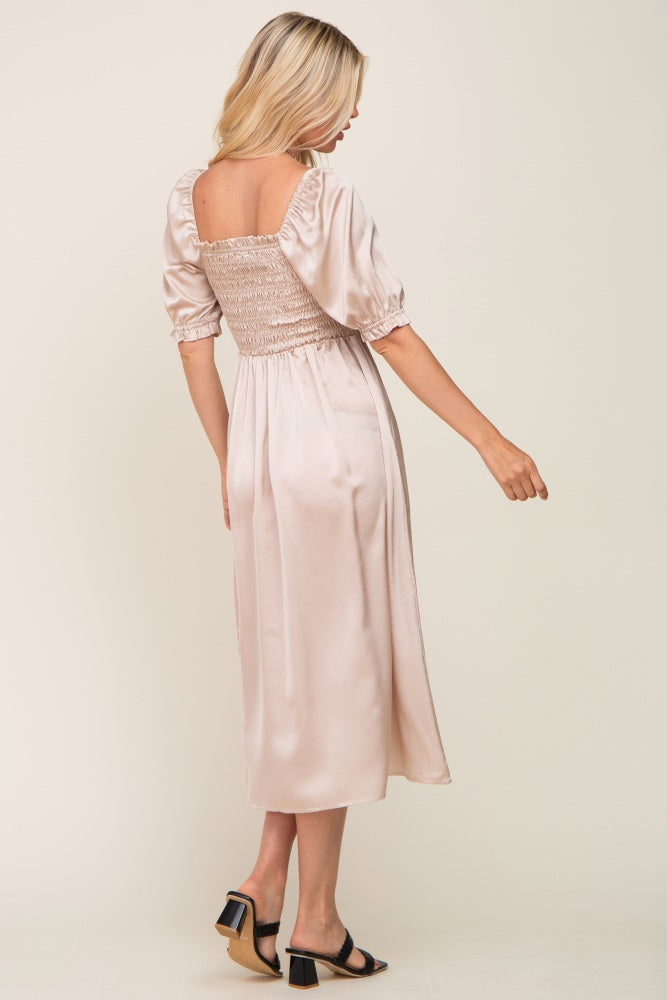 Cream Satin Puff Sleeve Midi Dress