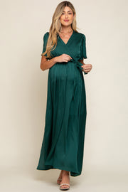 Green Satin Wrap Front V-Neck Short Sleeve Side Slit Maternity Maxi Dress