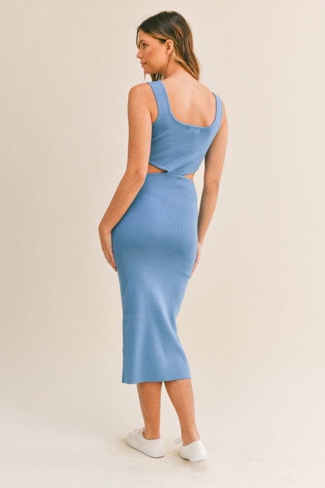 Blue Sleeveless Side Cutout Midi Dress