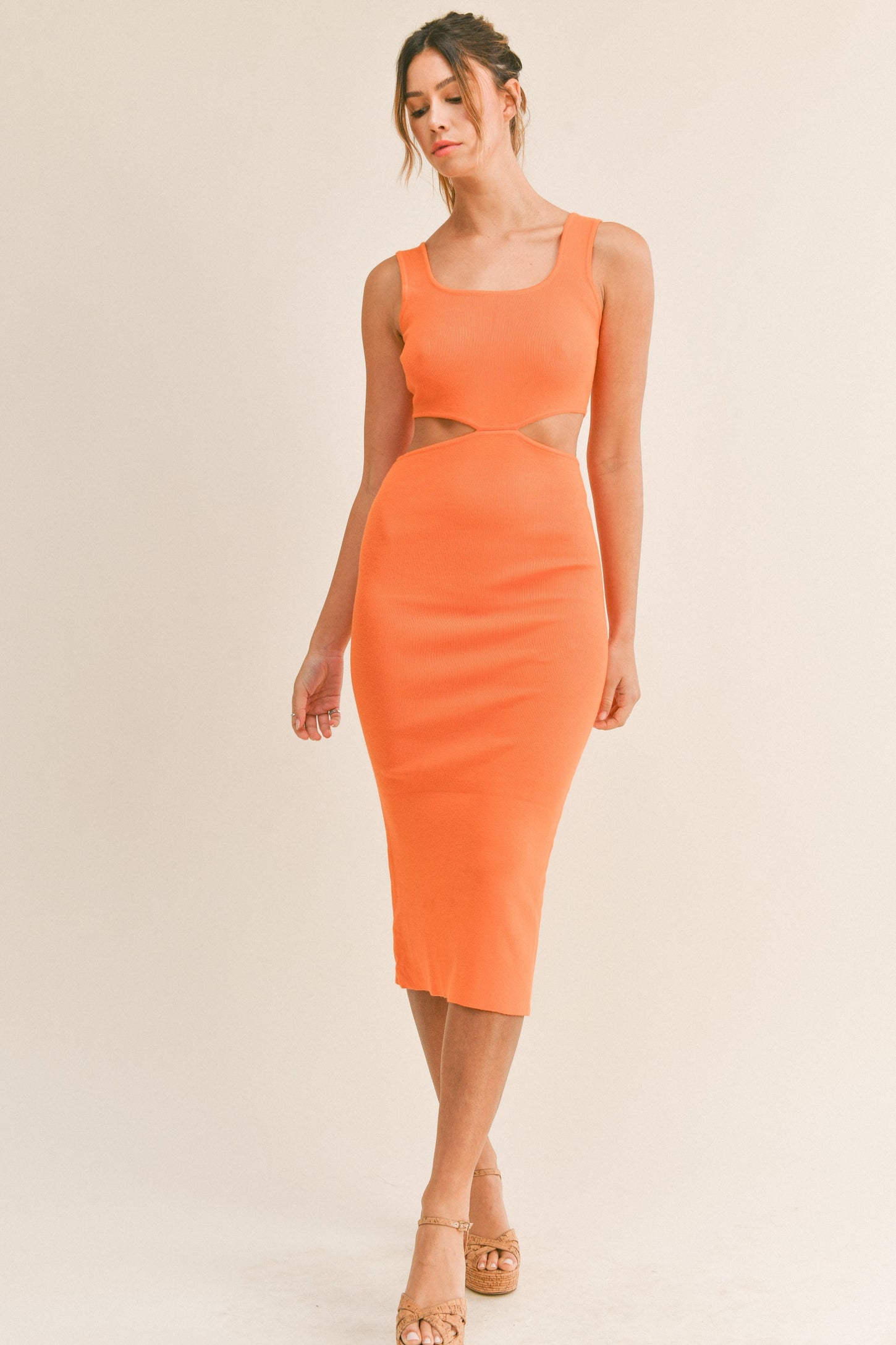 Orange Sleeveless Side Cutout Maternity Midi Dress
