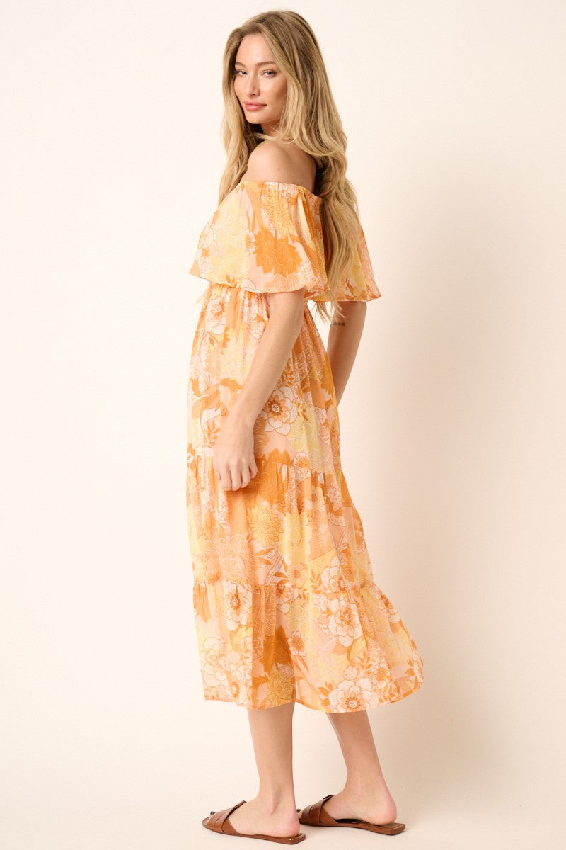 Orange Floral Flounce Off Shoulder Midi Dress