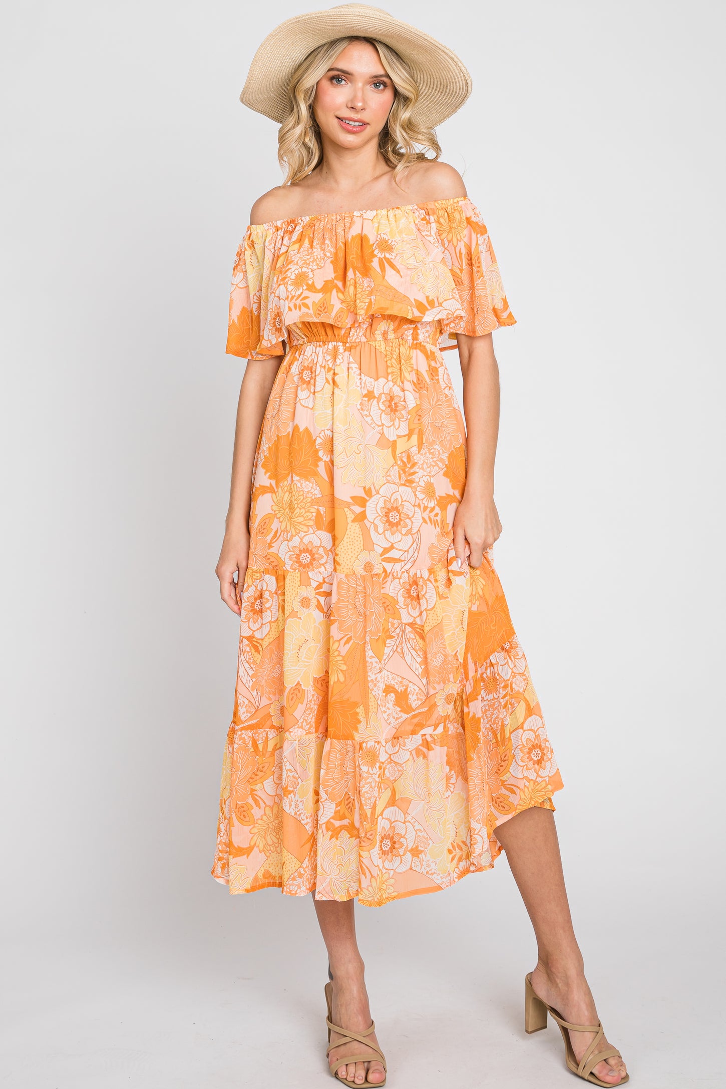 Orange Floral Flounce Off Shoulder Midi Dress