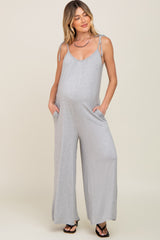 Heather Grey Shoulder Tie Soft Knit Maternity Jumpsuit
