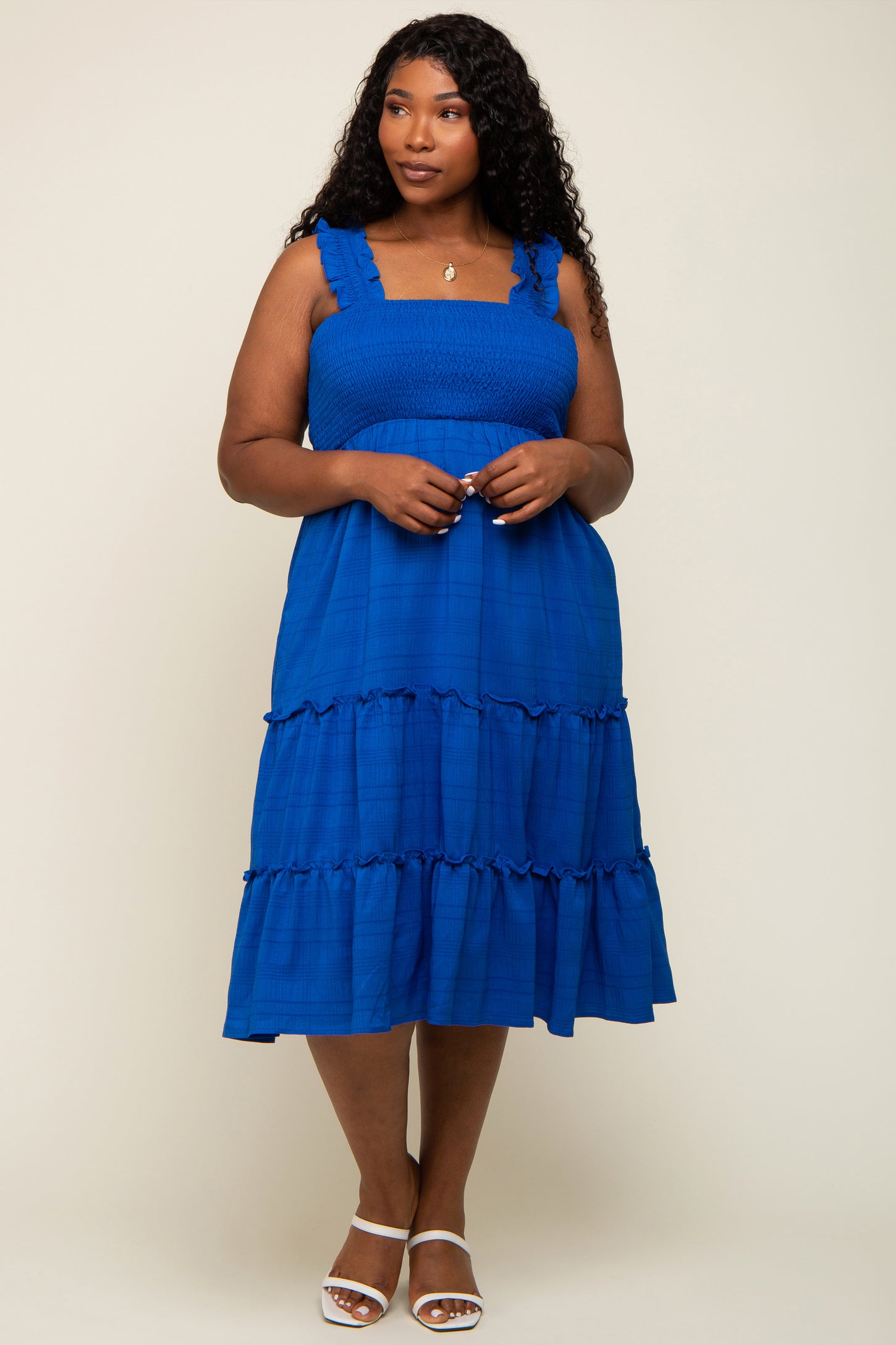 Royal Blue Smocked Square Neck Ruffle Strap Tiered Maternity Plus Midi Dress