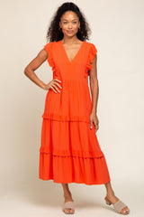 Orange Ruffle Accent Tiered Midi Dress