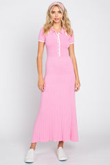 Pink Collared Knit Maternity Midi Dress