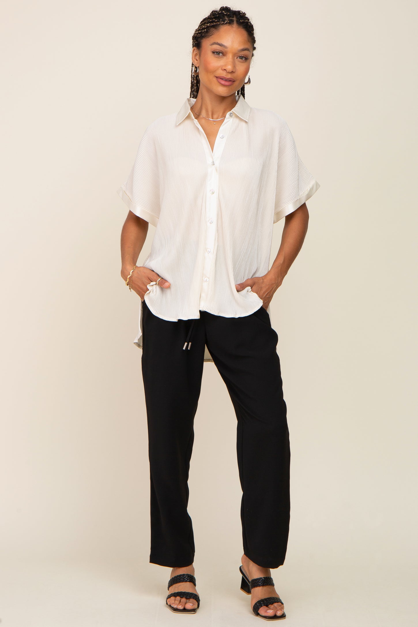 Cream Pleated Satin Button Up Top