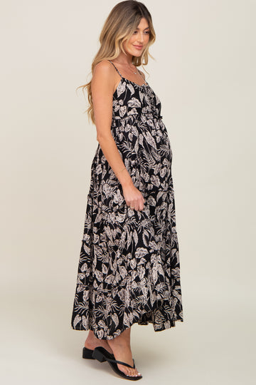 Black Palm Print Drawstring Front Tiered Maternity Maxi Dress