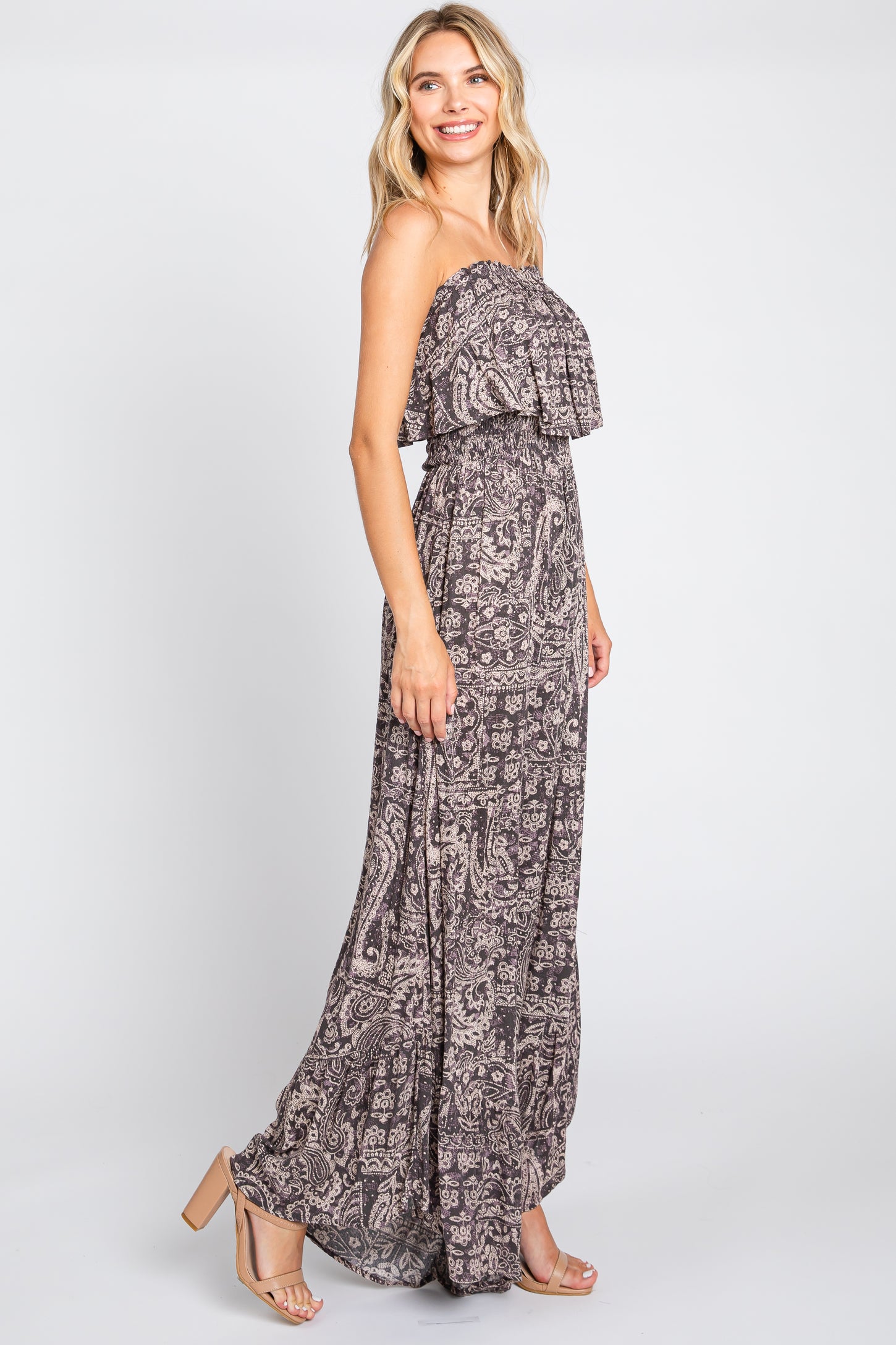 Blue Paisley Strapless Ruffle Wide Leg Jumpsuit