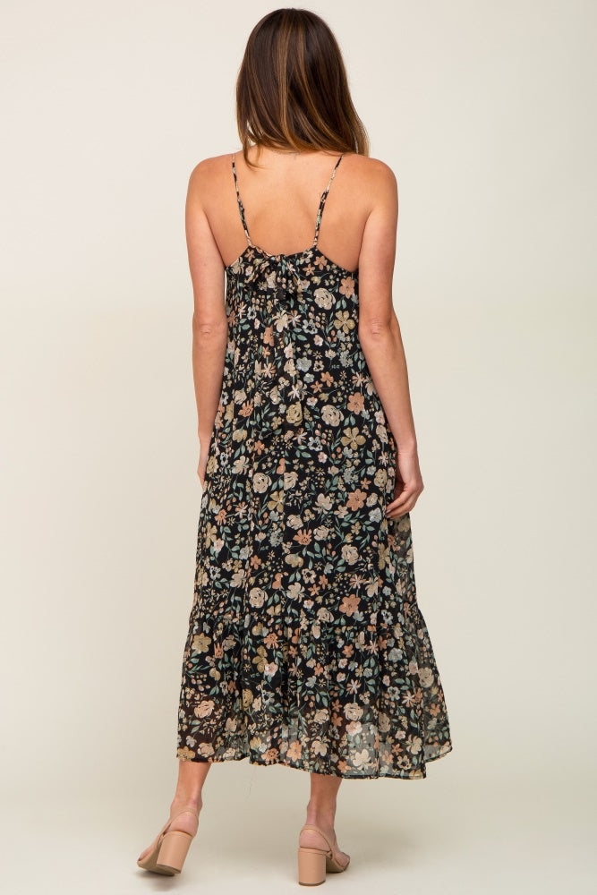Black Floral Swiss Dot Back Tie Midi Dress