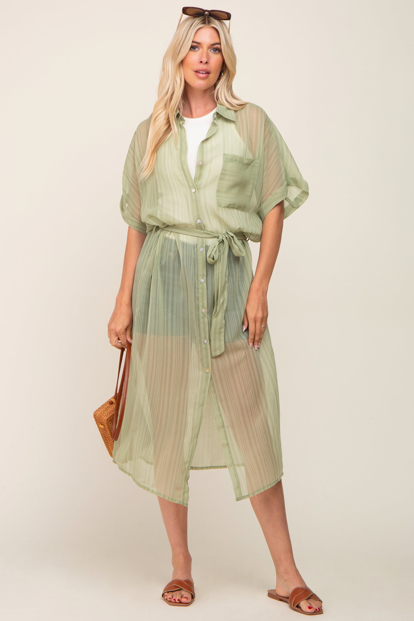 Sage Striped Sheer Button Down Maternity Cover Up