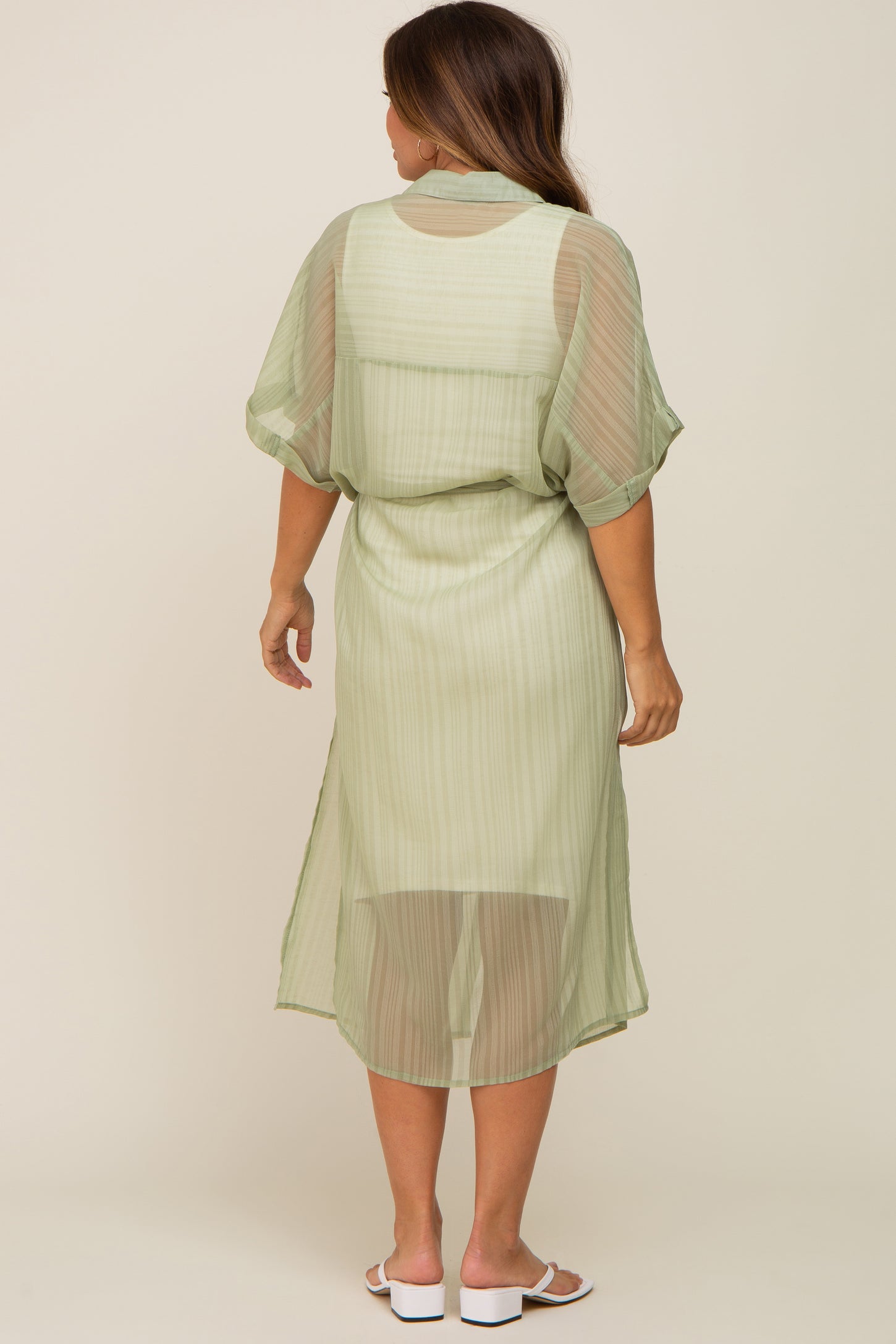 Sage Striped Sheer Button Down Maternity Cover Up