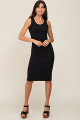 Black Ribbed Sleeveless Fitted Dress