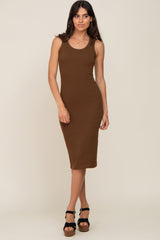 Brown Ribbed Sleeveless Fitted Dress