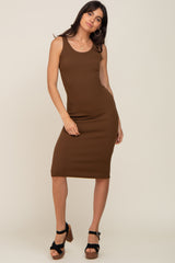 Brown Ribbed Sleeveless Fitted Dress