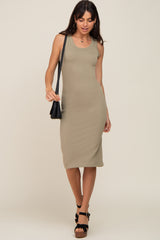 Olive Ribbed Sleeveless Fitted Dress