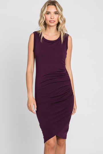 Plum Ruched Tulip Hem Dress
