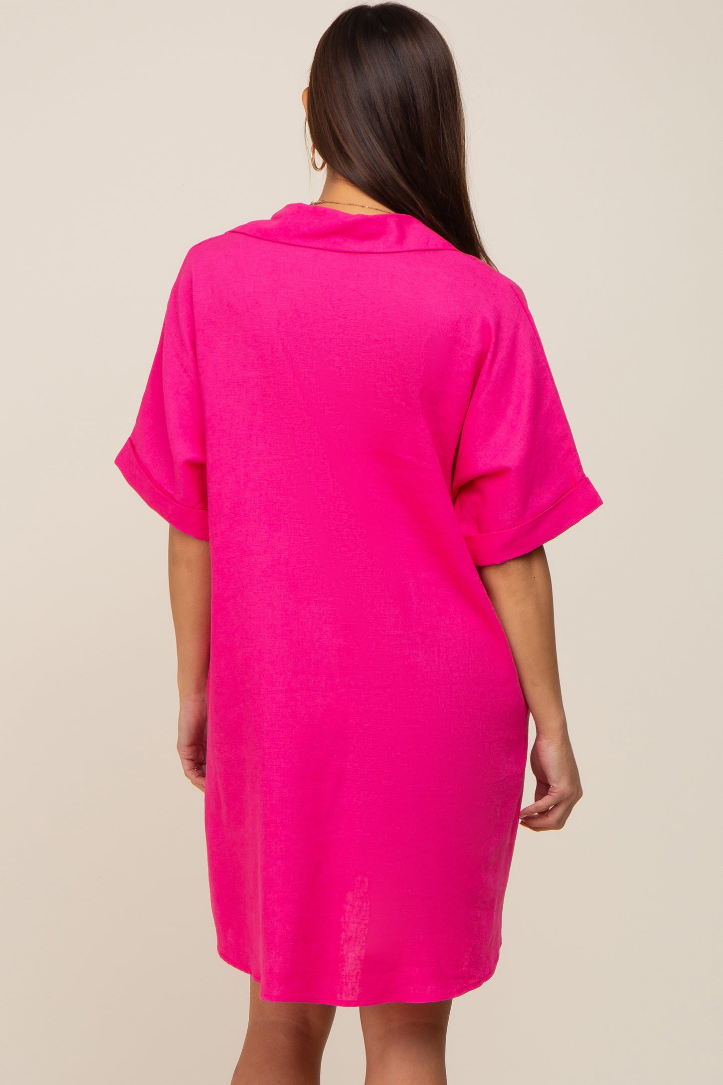 Fuchsia Linen Collared Front Pocket Short Sleeve Maternity Dress