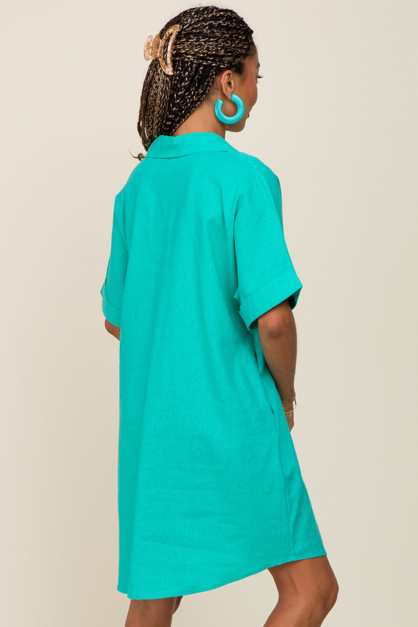 Aqua Linen Collared Front Pocket Short Sleeve Dress